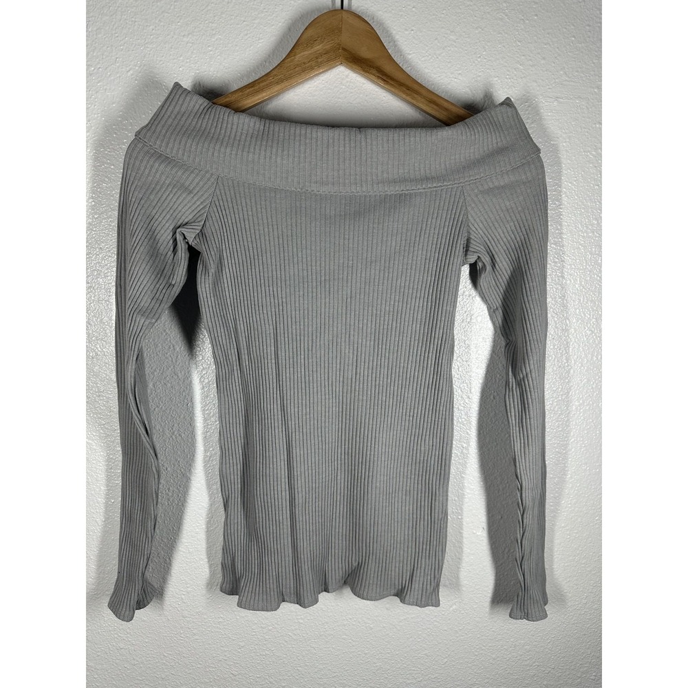 Abercrombie & Fitch Shirt Womens Medium Gray‎ Off Shoulder Ribbed Long Sleeve